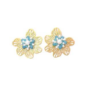 Fashion <b>Stud</b> <b>Earrings</b> Gold Plated 316L Stainless Steel <b>Blue</b> Flower Pearl Center Women's Jewelry - Product Image 1