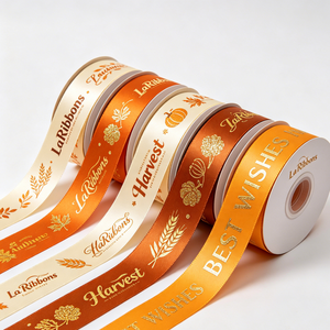 Customised Gold Foil Satin <b>Ribbon</b> Glitter Hot Stamp Logo Spool Type for Harvest Gifts Decoration 10 Yards Roll - Product Image 2