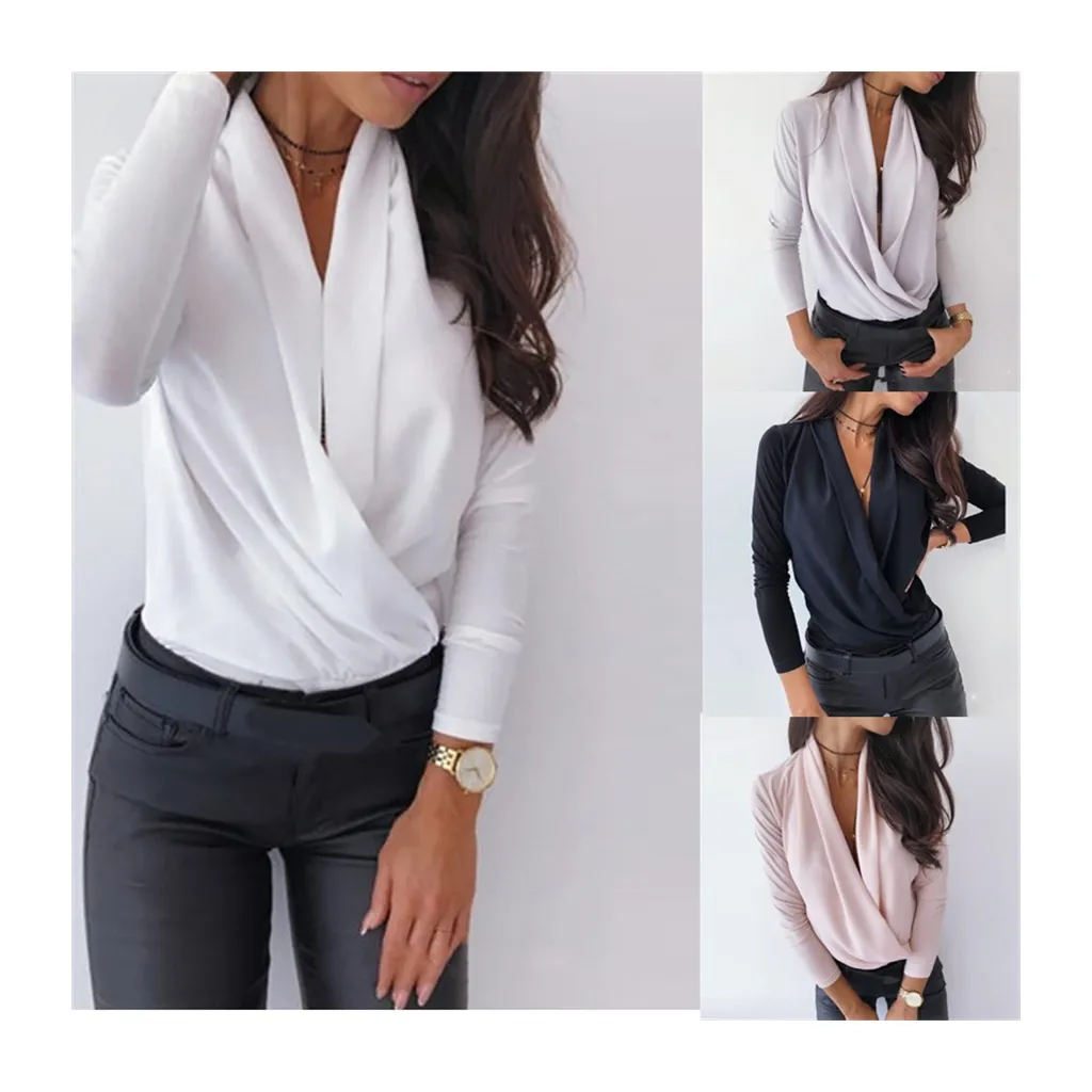 Hot Sale V Neck Women Blouses Ladies Tops Womens Pure Color Shirts Office Lady Top Fashionable Lady Long Sleeve Ruffle Blouse
