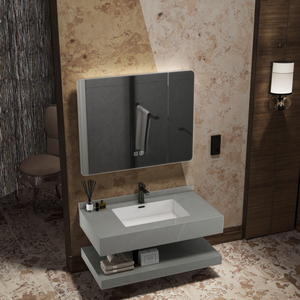 Vanidades de baño con espejo LED moderno Vanidad de fregadero flotante con lavabo de pizarra Gabinete de lavabo de montaje en pared Piedra sinterizada de mármol - Product Image 2