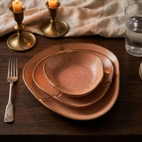 Service de table élégant en grès et porcelaine, couleur sienne brûlée, avec bols peu profonds, pour hôtels et salles de banquet, robuste et compatible four.