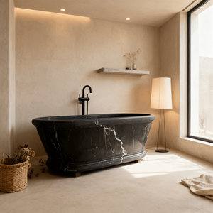 Baignoire autoportante en marbre sculpté à la main de haute qualité en pierre naturelle noire moderne avec drain pour villa - Product Image 4