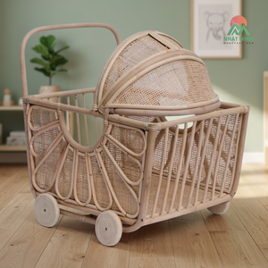Boho-style woven rattan <b>pull</b>-along <b>cart</b>, large capacity, handcrafted rattan toy basket, rattan storage basket for children, phot - Product Image 4