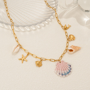 Collar MYNECK SUMMER <span class=keywords><strong>BINIKI</strong></span> JEWELRY con Colgante de Concha Rosa, Chapado en Oro de 18K, Acero Inoxidable, Alta Retención de Color, Estilo Hawaiano - Product Image 3
