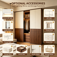 Armoire de chambre sur mesure avec porte coulissante, cadre foncé bicolore crème, éclairage LED, tringle de suspension, tiroirs et étagères, style moderne, OEM
