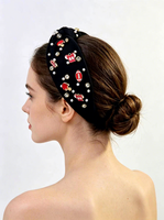 Diadema Ancha de Tela con Perlas Rojas, Blancas y Negras de 5cm, Hecha a Mano, de Alta Calidad, para el Día de la Independencia