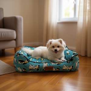 Cuccia per Cani in Lino Stampato su Sfondo Verde, Set Tre Pezzi per Cani, Letti per Animali Domestici - Product Image 3