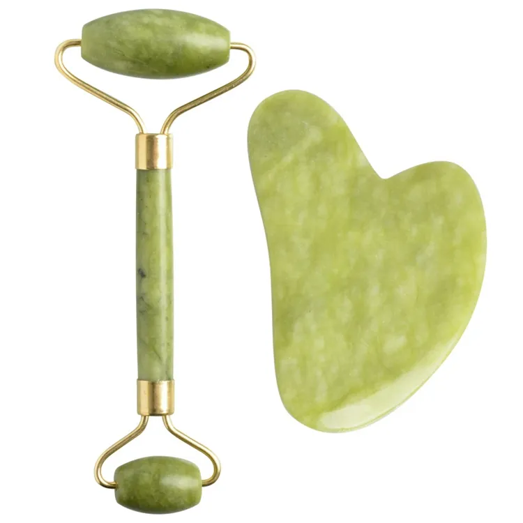 WELLFLYER-Rodillo de jade antiarrugas de calidad superior, masajeador facial, rodillo de Jade para estiramiento de la piel, Gua Sha, set en caja de regalo