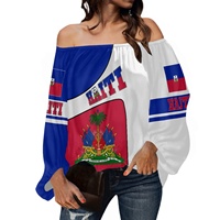 Nouveau produit : Blouse en mousseline asymétrique pour femme, motif drapeau d'Haïti, style créateur de mode, haut sexy à manches longues personnalisé, impression à la demande