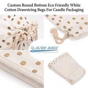 Pochette cadeau en toile de coton 100% blanche écologique à fond rond avec motif à pois dorés personnalisés, pour bougie parfumée - Product Image 5