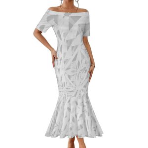 2024 Envío de la gota Polynesian Samoan Tribal White One-shoulder Vestido de cola de pez de manga corta Vestidos de sirena ajustados personalizados - Product Image 1