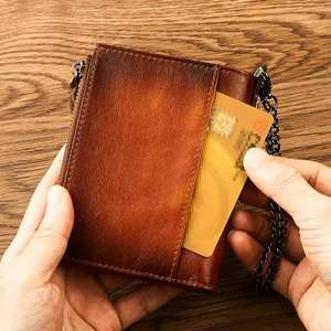 Cartera de cuero genuino con cremallera de diseñador de marca para hombre, Cartera de motorista de marca antirrobo con bloqueo RFID con cadena, cartera personalizada para hombre - Product Image 3