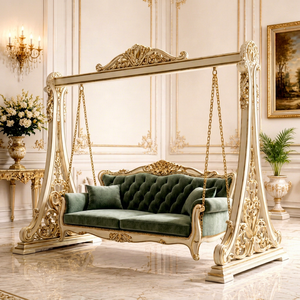Classic White & Gold <b>Wooden</b> <b>Swing</b> with Comfortable Tufted Seating Modern Style Teak Wood Jhoola/Onjhal Floor Standing <b>Swing</b> USA - Product Image 1