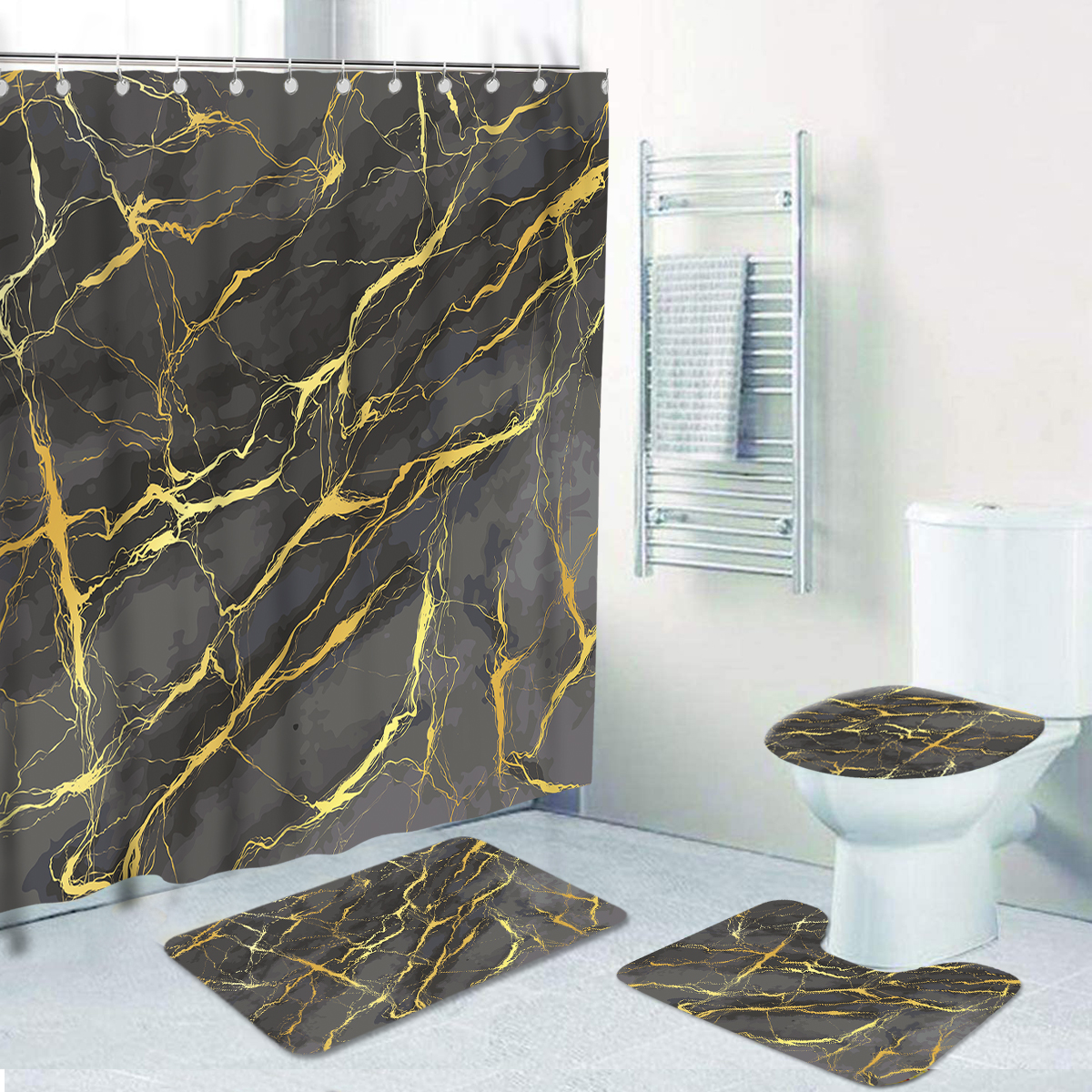 4-teiliges Marmor Duschvorhang Set - Inklusive Teppich & Badematte Im Marmor-Design