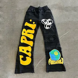 Custom Cotton Mens Flared Pants Distressed Slogan Embroidery Applique Patch Flare Sweatpants For Men