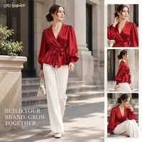 Chemisier rouge satiné pour femme, style cache-cœur, manches longues bouffantes, ourlet peplum, taille à nouer, pour rendez-vous galants et soirées, OEM, marque privée