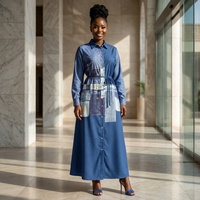 Abaya Dubai pour femme, douce, à manches longues, avec col ceinturé, en denim vintage imprimé par sublimation, pour fêtes de famille, vente en gros directe usine
