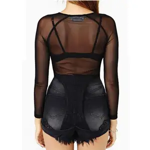 W5855 Wholesale lhot ong sleeve mesh crop top t shirt Sexy see through mesh tops young girl women new fashion black club tops