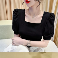 T-shirt décontracté sexy printemps-automne à col carré et manches mi-longues pour femme, haut basique à manches bouffantes, coupe ajustée, unique et tendance