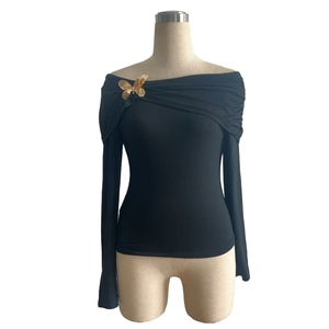 Women's Off Shoulder Ruched <strong>Bodysuit</strong> - Gold Butterfly Brooch Detail Long Sleeve Fitted Top T-Shirt Sehe Fashion - Product Image 4