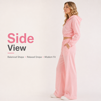 Ensemble de survêtement deux pièces décontracté et léger pour femme, rose pâle, avec sweat à capuche court zippé et pantalon large, personnalisable, vente en gros