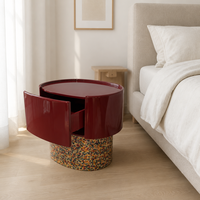 Table de chevet ovale moderne et minimaliste pour chambre à coucher, laque bordeaux brillante, tiroir unique, piétement mosaïque, MDF E1 écologique
