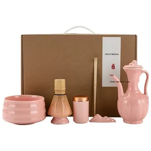 BAMBUS <span class=keywords><strong>Théière</strong></span> et ustensiles en céramique rose de style japonais faits à la main Service à thé Matcha pour cuisine avec design traditionnel - Product Image 1