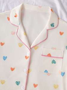 Camicia Casual <span class=keywords><strong>da</strong></span> donna estiva comoda <span class=keywords><strong>con</strong></span> <span class=keywords><strong>bottoni</strong></span> elasticizzati pantaloncini <span class=keywords><strong>da</strong></span> salotto <span class=keywords><strong>con</strong></span> stampa a cuore pigiama ODM lavorato a maglia - Product Image 4