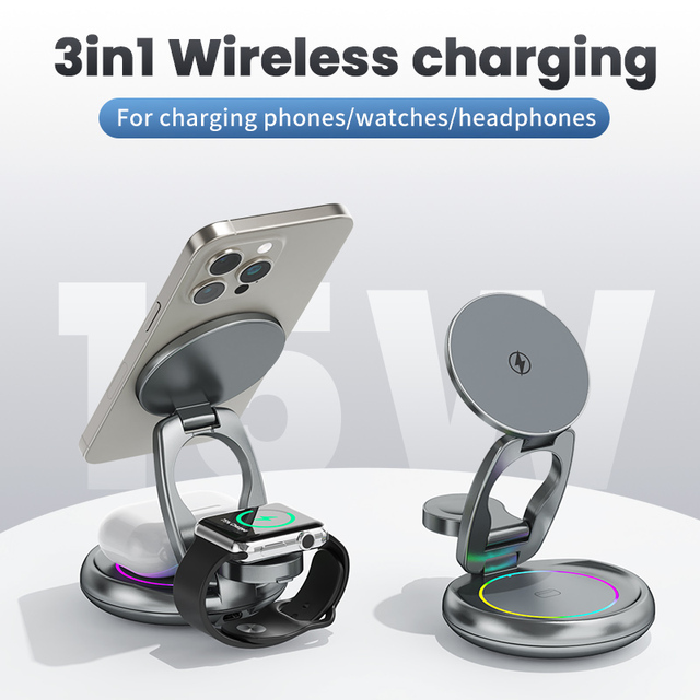 3 in 1 15W Wireless Charger Station for Phone/Smart Watch/Earphone with Magnetic 360° Rotating Foldable LED Light Charging Stand