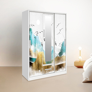 Tủ quần áo bốn cánh in hình, có gương, chất liệu thép, dành cho phòng ngủ, tủ quần áo kim loại gia dụng, có cửa trượt và ngăn kéo - Product Image 3