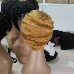 Perruque ondulée naturelle, sans Lace, cheveux <span class=keywords><strong>bouclés</strong></span>, <span class=keywords><strong>coupe</strong></span> Pixie, pour femmes noires, couleur brun et jaune, très populaire - Product Image 5