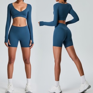 Set di abbigliamento da palestra per Fitness attivo da donna Top corto a maniche lunghe e pantaloncini da bici con motivo solido costume da <span class=keywords><strong>ciclismo</strong></span> e Pilates per Yoga taglie forti - Product Image 1