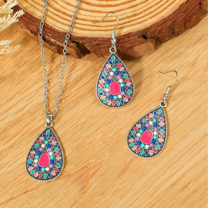 Ensemble collier et boucles d'oreilles bohèmes en forme de goutte d'eau, en alliage plaqué argent antique, bijoux de fête pour femmes - Product Image 3