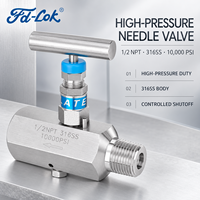 Vanne à aiguille haute pression en acier inoxydable 316, 10000 psi, manuelle, haute température, durable, en barre, 2 voies, port NPT 1/2 pouce, garantie 1 an