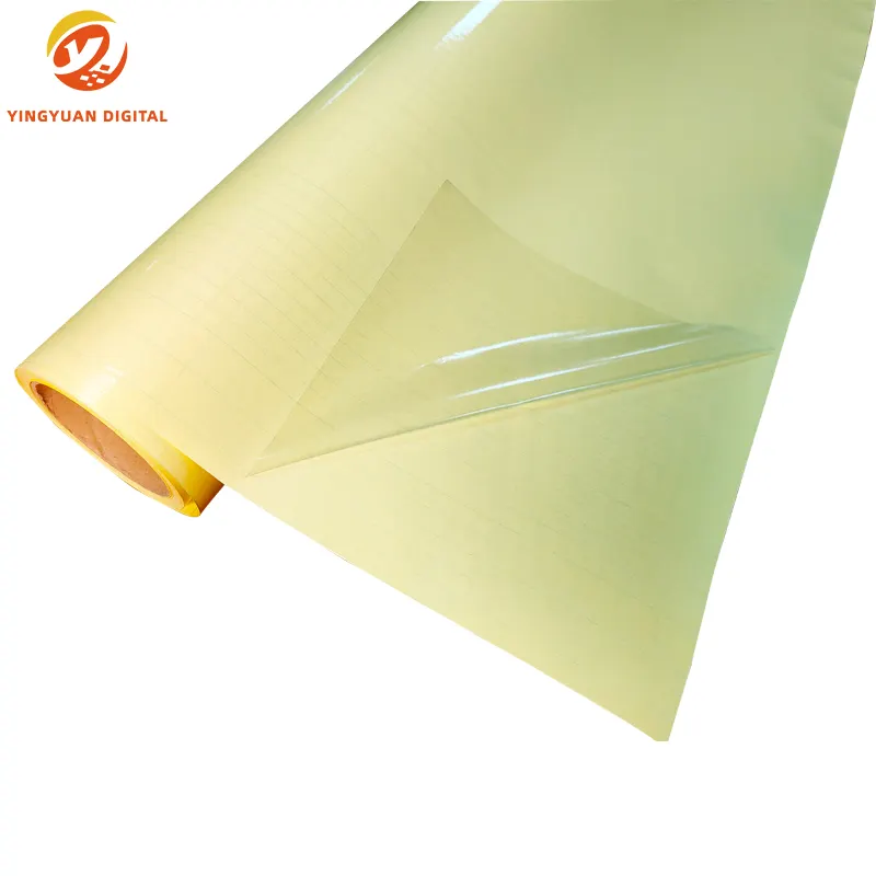 6 mikron gulungan Film laminasi dingin berperekat PVC Kertas vinil matte mengkilap Liner kuning 25/36 inci