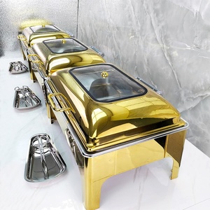 Set di Chafing Dish Rotondi Dorati in Acciaio Inox con Coperchio in Vetro e Metallo, Attrezzatura da Catering per Buffet a Uso Alberghiero - Product Image 2