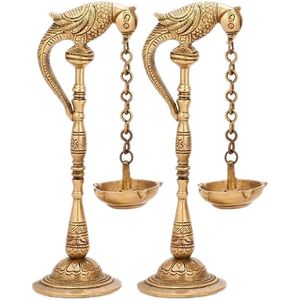 Support de lampe à huile religieuse hindoue en laiton en forme d'oiseau avec chaîne suspendue Cadeaux de temple à la maison Fengshui Ensemble de 4 pièces comprenant un bec Diya - Product Image 3