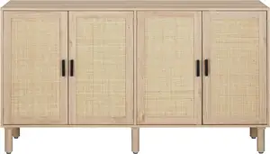 Gabinete de buffet de aparador de 4 puertas, gabinete de almacenamiento de cocina con puertas decoradas de ratán, gabinete de licor de acento bohemio, gabinete de bar