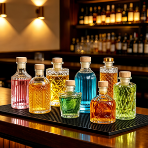 Bouteille en verre gaufré rétro vide <span class=keywords><strong>de</strong></span> 100 ml, 150 ml, 160 ml, 180 ml, 220 ml, 250 ml pour boissons, jus, liqueurs, whisky, vin avec bouchon en <span class=keywords><strong>bois</strong></span> - Product Image 1