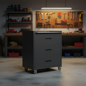 Armoire de rangement métallique robuste à 3 tiroirs avec roulettes, noire, organiseur industriel pour garage, bureau, maison - Product Image 2