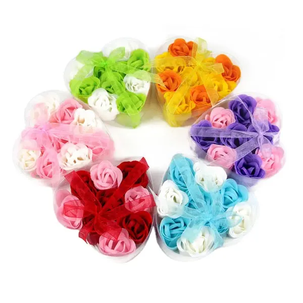 Wedding Favors Heart Shape PVC Box Packaged 9pcs Color Mixed Rose Soap