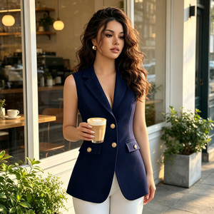 Women Casual Summer Sleeveless V-Neck Blouse Solid Color Lapel Button Front Polyester Business Wear Office Style Skinny <b>Tops</b> - Product Image 2