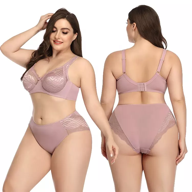 Плюс размеры для женщин бюстгальтер трусики Комплект дышащая Прозрачная Кружевная вышивка назад закрыть провода комплект с бюстгальтером