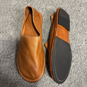 Handmade Horsehide Loafers Men's <b>Slip</b>-<b>On</b> Casual Leather Shoes Low Heel Coffee Brown Solid Color Sewing Thread Design - Product Image 2