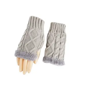 女士冬季保暖针织无指手套/手腕/短绒内衬羊毛针织手套