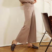 Set Sweater dan Celana Wanita Rajut Kasmir Wol Musim Dingin, Kerah Turtleneck, 2-Piece, Kaki Lebar, Anti-Susut, Bernapas