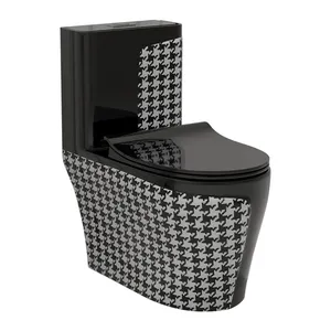 Desain Houndstooth Dekoratif Keramik Hitam S-trap Toilet One Piece