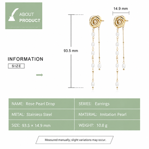 Boucles d'oreilles pendantes en acier inoxydable plaqué or 14 carats avec perle rose, longues boucles d'oreilles asymétriques avec chaîne en imitation perle - Product Image 2