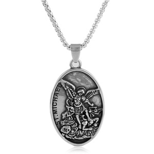 <b>St</b>. <b>Michael</b> Angel Pendant Stainless Steel Oval <b>Necklace</b> Silver Gold Men's Fashion Jewelry Gift 240225 - Product Image 3