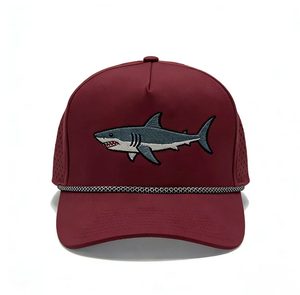 OEM ODM Custom Shark Logo Embroidered 5 Panel Trucker Cap Wholesale Cotton Baseball Hat with Decorative Rope - Product Image 4
